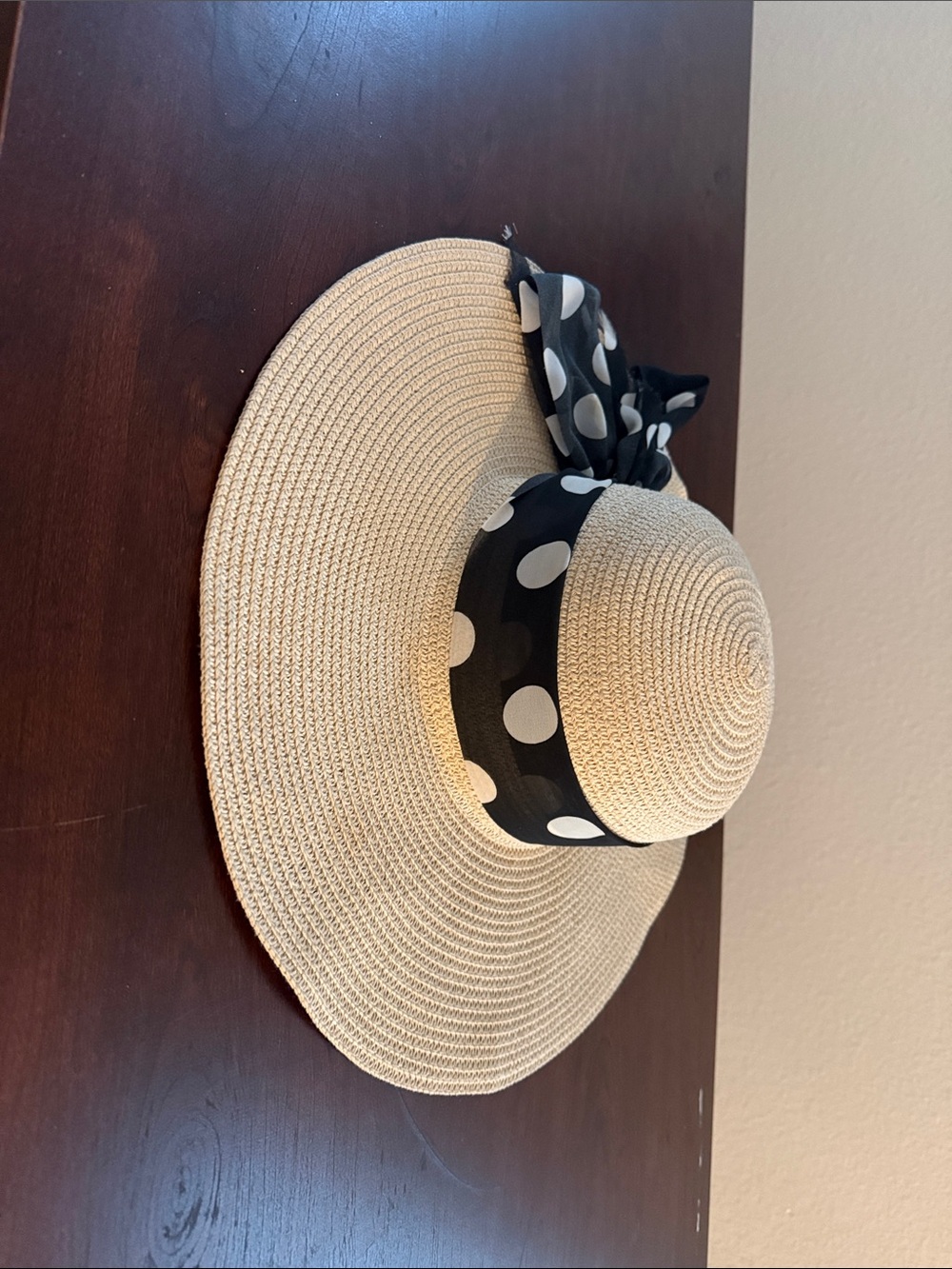 Wide Brim Straw Sun Hat with Polka Dot Scarf